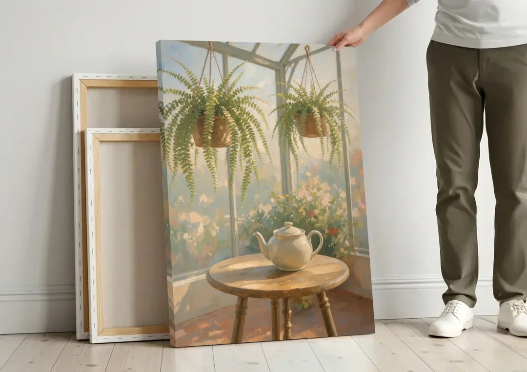 Conservatory Painting with Teapot and Hanging Ferns canvas wall art leaning against a wall next to blank canvases