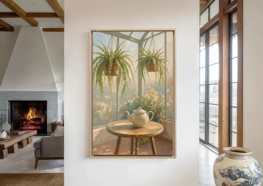 Conservatory Painting with Teapot and Hanging Ferns canvas wall art in a living room with a fireplace