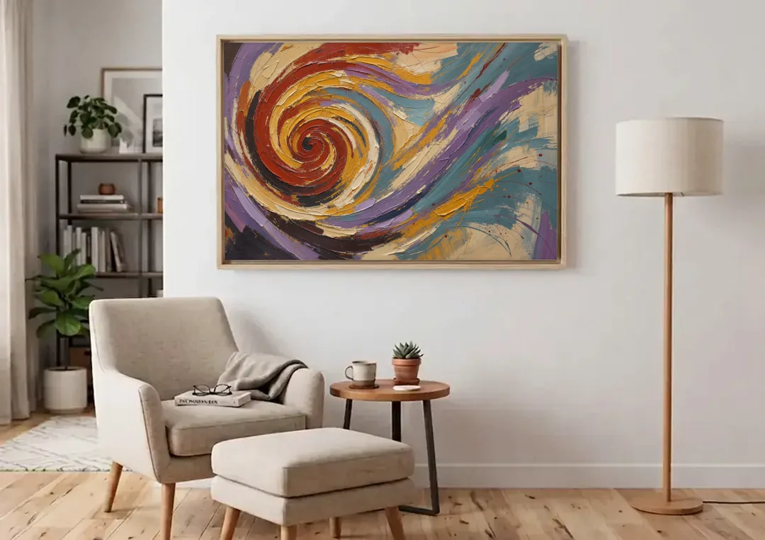 Contemporary Abstract Crimson Vortex canvas wall art above an armchair in a bright living room