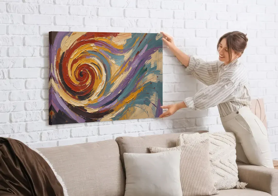 Contemporary Abstract Crimson Vortex canvas wall art being hung on a white brick wall above a sofa