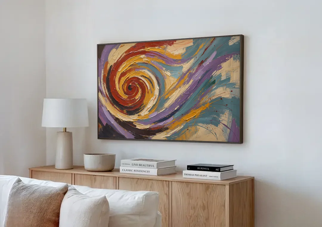 Contemporary Abstract Crimson Vortex canvas wall art above a wooden sideboard next to a sofa