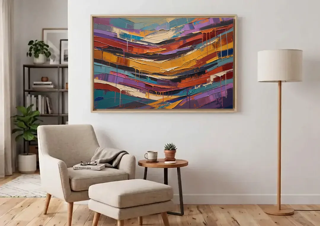 Contemporary Abstract Painting of Canyon Strata canvas wall art above an armchair in a bright living room