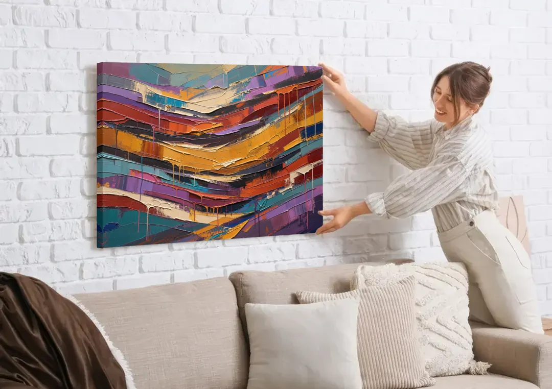 Contemporary Abstract Painting of Canyon Strata canvas wall art being hung on a white brick wall above a sofa