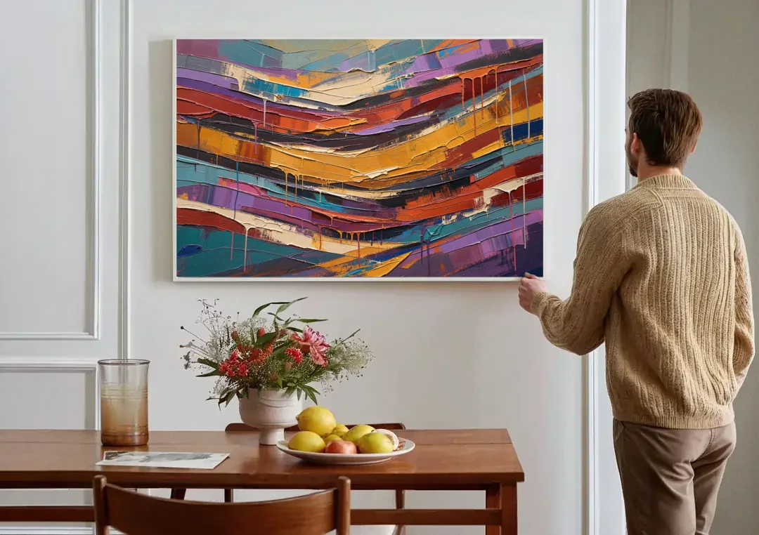 Contemporary Abstract Painting of Canyon Strata canvas wall art above a dining table