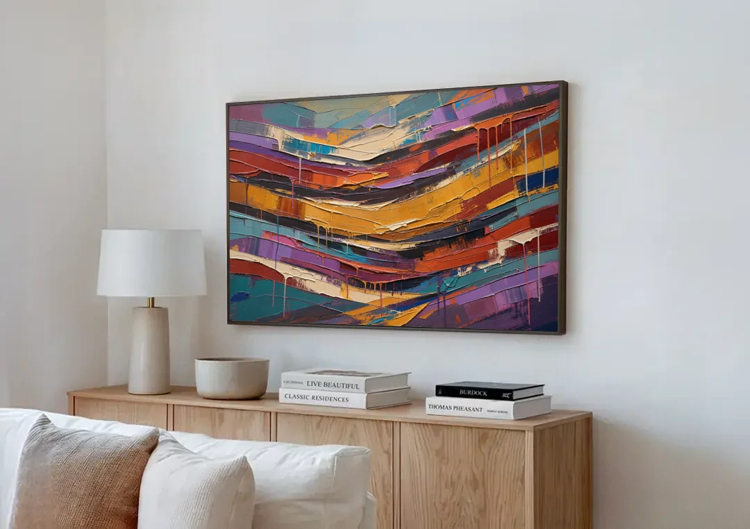 Contemporary Abstract Painting of Canyon Strata canvas wall art above a wooden sideboard next to a sofa