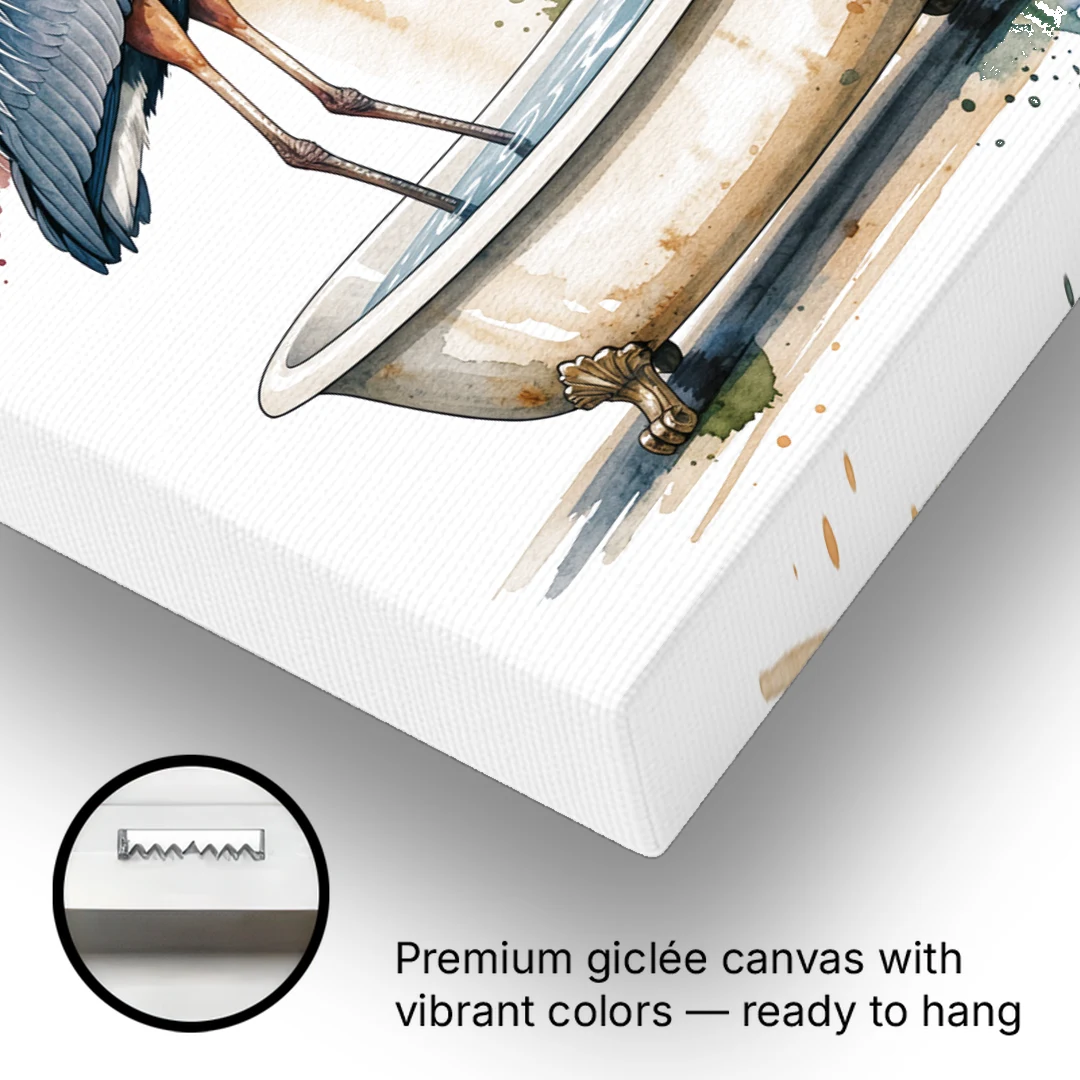 Contemporary Bathroom Art of a Heron Fishing the Tub - Canvas Wall Art - Gallery Wrap Corner
