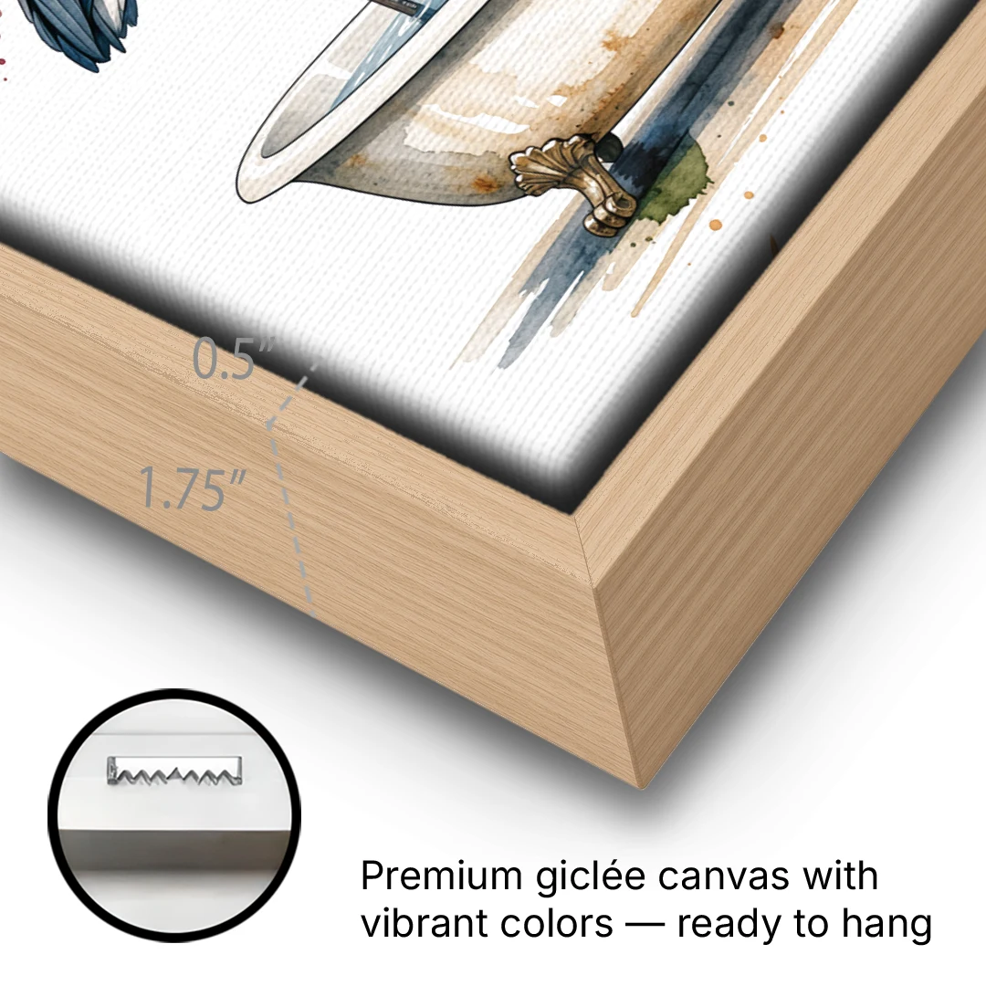 Contemporary Bathroom Art of a Heron Fishing the Tub - Oak Framed Canvas Wall Art - Gallery Wrap Corner