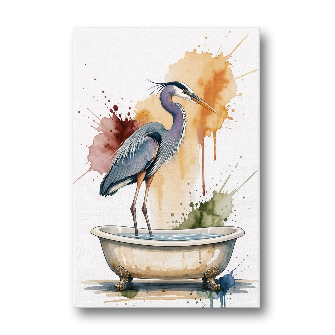 Contemporary Bathroom Art of a Heron Fishing the Tub - Canvas Wall Art - Front