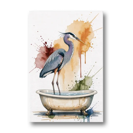 Contemporary Bathroom Art of a Heron Fishing the Tub - Canvas Wall Art - Front