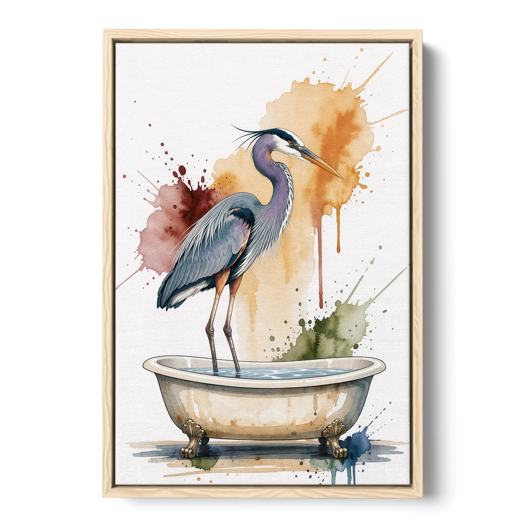 Contemporary Bathroom Art of a Heron Fishing the Tub - Oak Framed Canvas Wall Art - Front