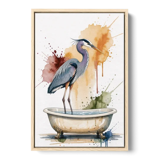 Contemporary Bathroom Art of a Heron Fishing the Tub - Oak Framed Canvas Wall Art - Front