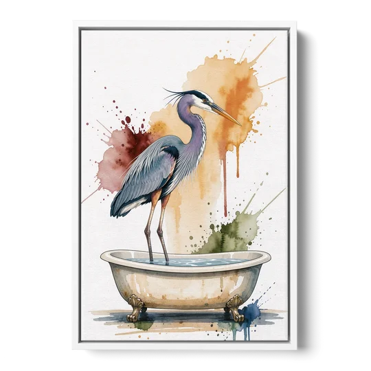 Contemporary Bathroom Art of a Heron Fishing the Tub - White Framed Canvas Wall Art - Front