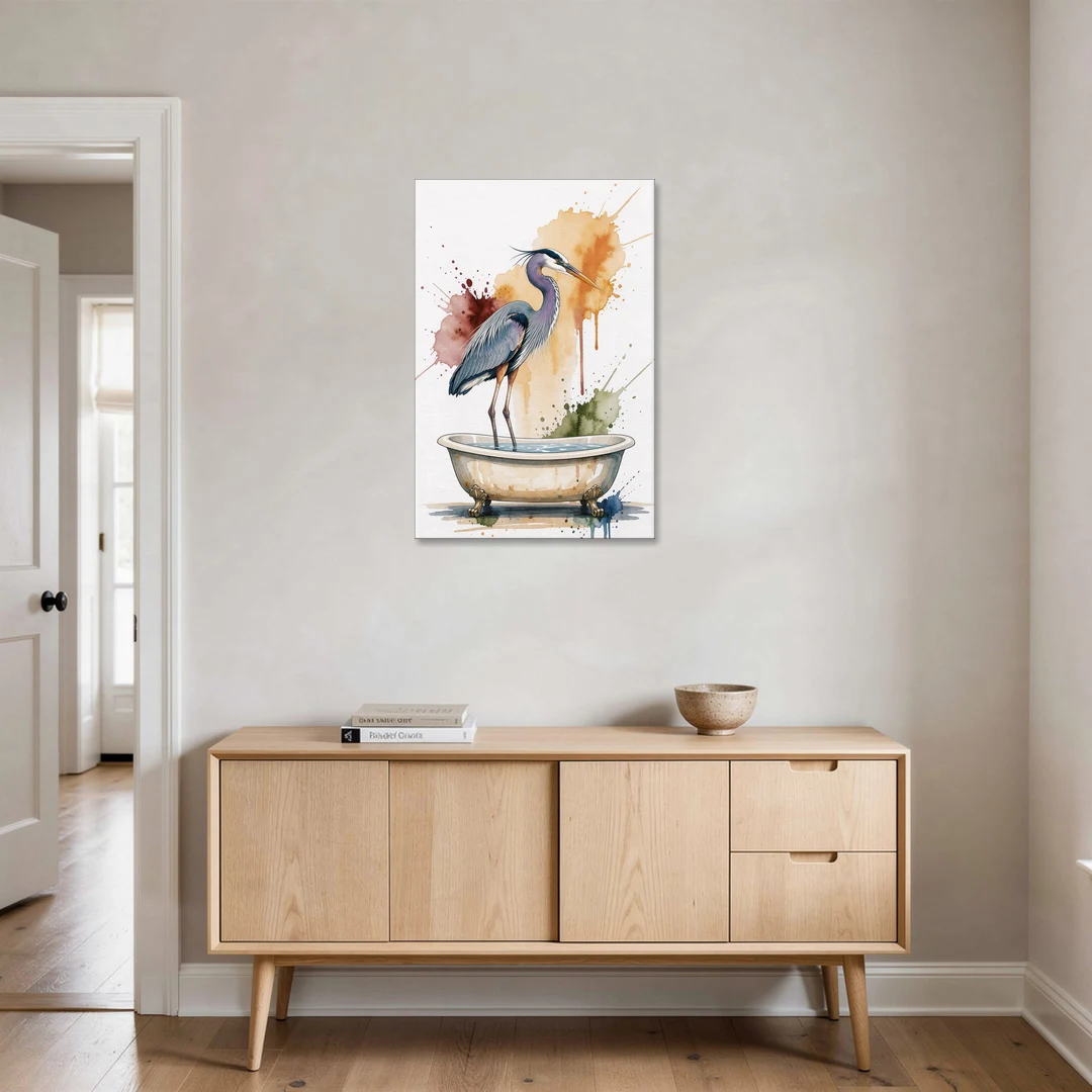 Contemporary Bathroom Art of a Heron Fishing the Tub - Canvas Wall Art - Coffee Table - 24x36