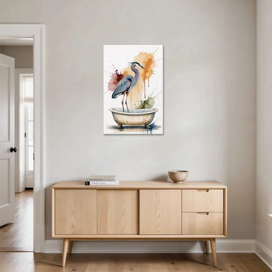 Contemporary Bathroom Art of a Heron Fishing the Tub - Canvas Wall Art - Coffee Table - 24x36