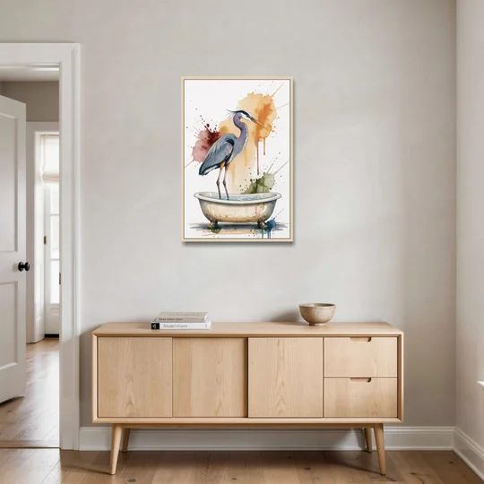 Contemporary Bathroom Art of a Heron Fishing the Tub - Oak Framed Canvas Wall Art - Coffee Table - 24x36