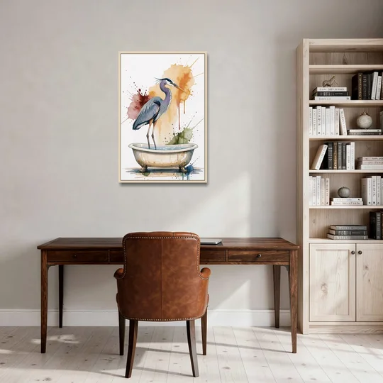 Contemporary Bathroom Art of a Heron Fishing the Tub - Oak Framed Canvas Wall Art - Office - 24x36