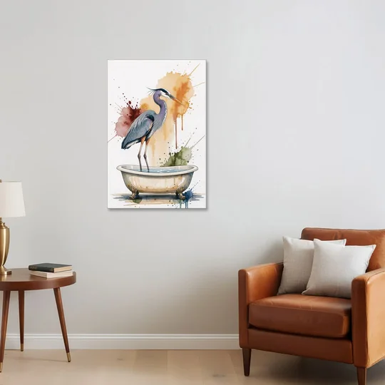 Contemporary Bathroom Art of a Heron Fishing the Tub - Canvas Wall Art - Sofa - 24x36