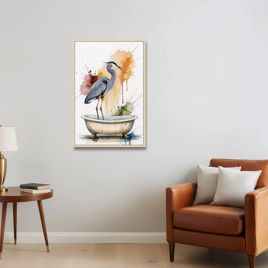 Contemporary Bathroom Art of a Heron Fishing the Tub - Oak Framed Canvas Wall Art - Sofa - 24x36