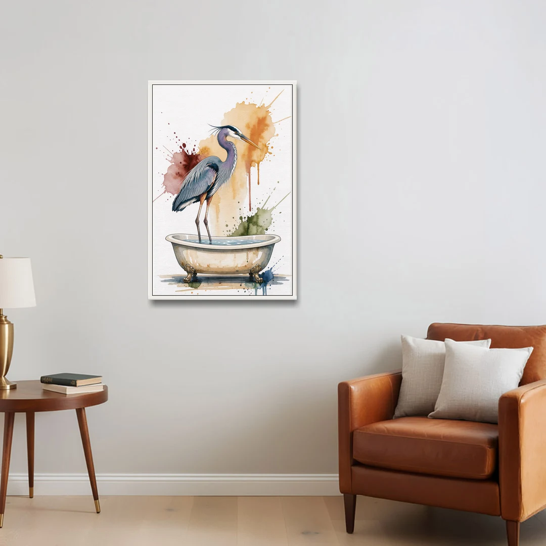 Contemporary Bathroom Art of a Heron Fishing the Tub - White Framed Canvas Wall Art - Sofa - 24x36