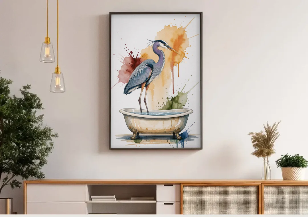 Contemporary Bathroom Art of a Heron Fishing the Tub canvas wall art above a wooden sideboard under pendant lights