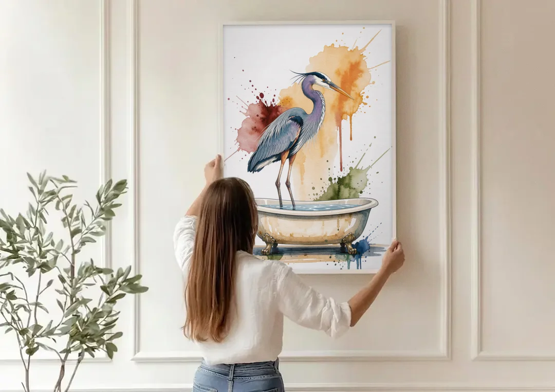 Contemporary Bathroom Art of a Heron Fishing the Tub canvas wall art being hung on a paneled wall
