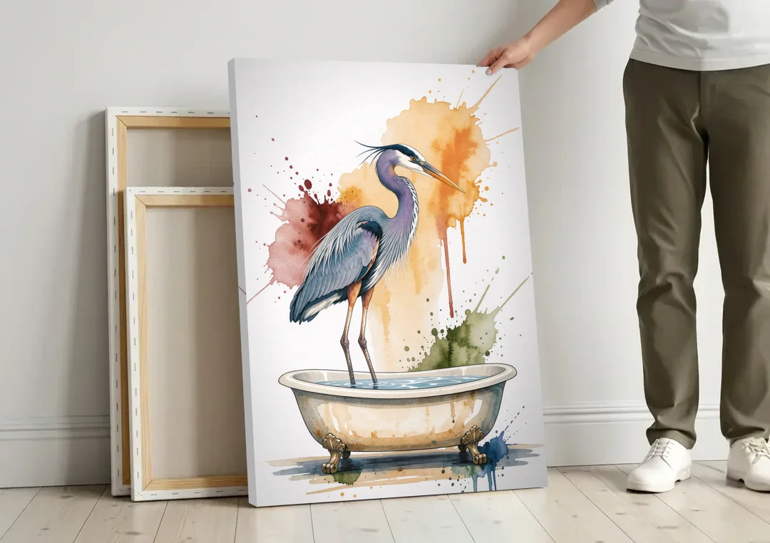 Contemporary Bathroom Art of a Heron Fishing the Tub canvas wall art leaning against a wall next to blank canvases