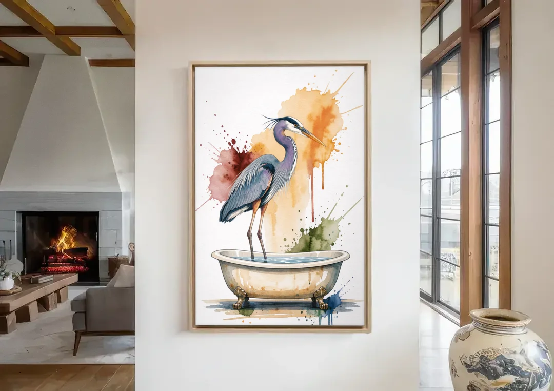 Contemporary Bathroom Art of a Heron Fishing the Tub canvas wall art in a living room with a fireplace