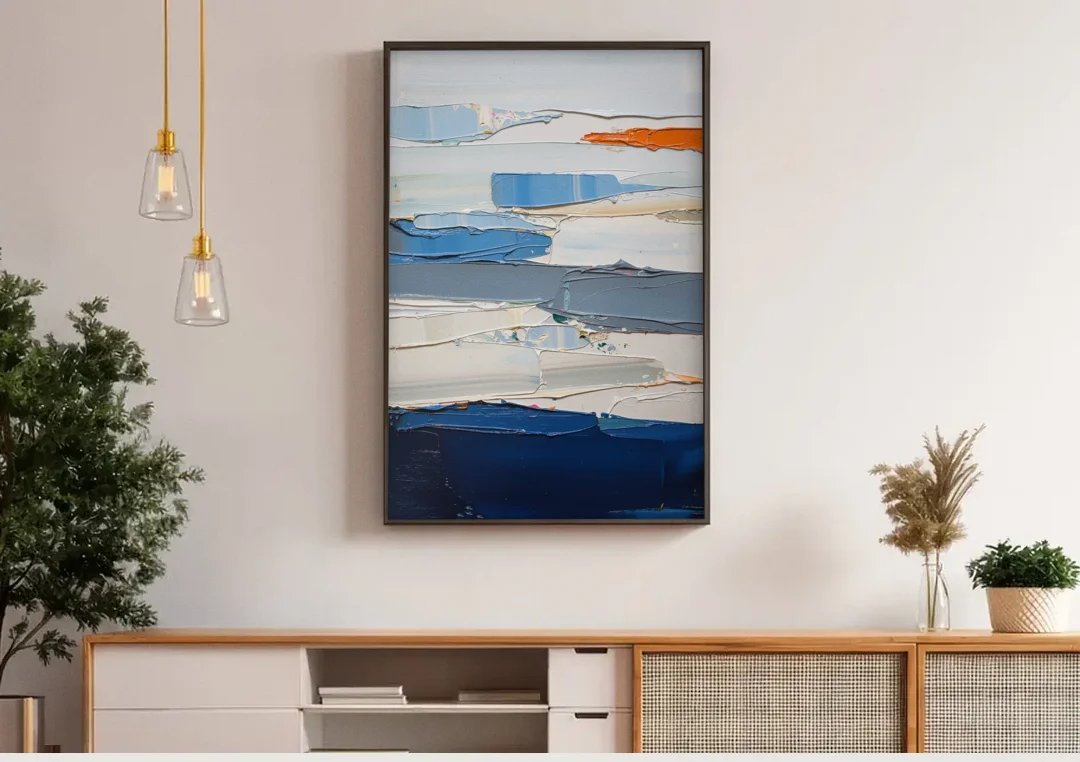 Contemporary Blue Wall Art with a Navy Anchor canvas wall art above a wooden sideboard under pendant lights