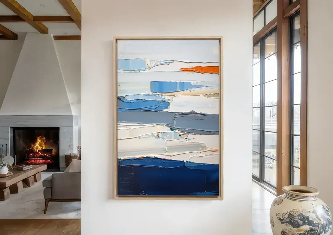 Contemporary Blue Wall Art with a Navy Anchor canvas wall art in a living room with a fireplace