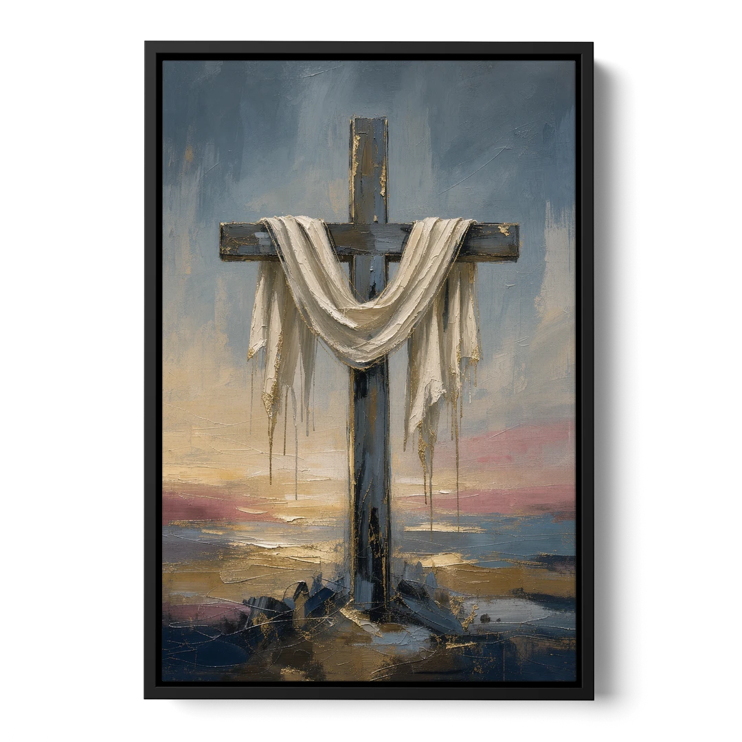 Contemporary Christian Art of the Draped Cross at Dawn - Black Framed Canvas Wall Art - Front
