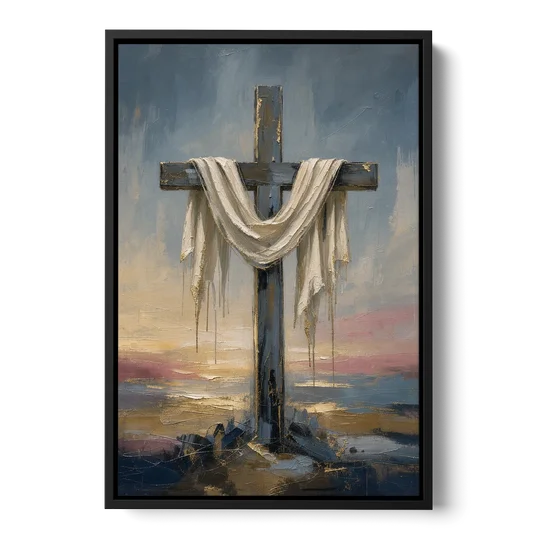 Contemporary Christian Art of the Draped Cross at Dawn - Black Framed Canvas Wall Art - Front