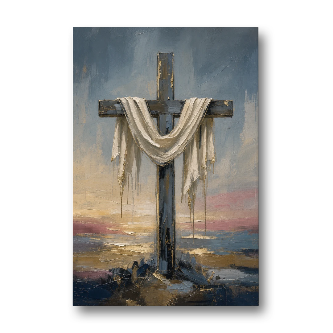 Contemporary Christian Art of the Draped Cross at Dawn - Canvas Wall Art - Front