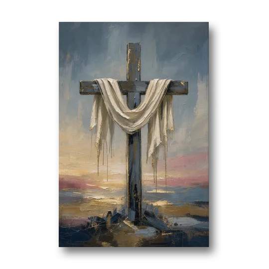 Contemporary Christian Art of the Draped Cross at Dawn - Canvas Wall Art - Front