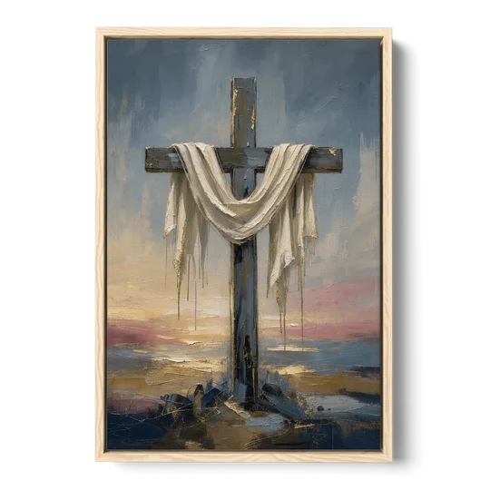 Contemporary Christian Art of the Draped Cross at Dawn - Oak Framed Canvas Wall Art - Front