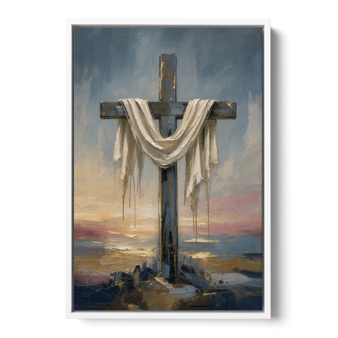 Contemporary Christian Art of the Draped Cross at Dawn - White Framed Canvas Wall Art - Front
