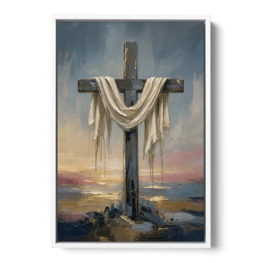 Contemporary Christian Art of the Draped Cross at Dawn - White Framed Canvas Wall Art - Front