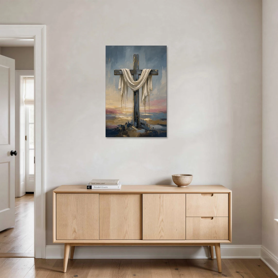 Contemporary Christian Art of the Draped Cross at Dawn - Canvas Wall Art - Coffee Table - 24x36