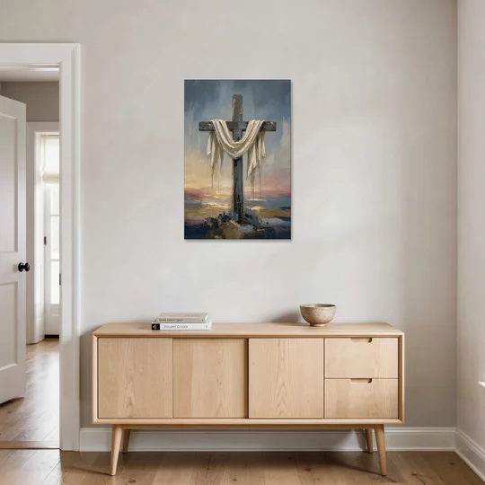 Contemporary Christian Art of the Draped Cross at Dawn - Canvas Wall Art - Coffee Table - 24x36
