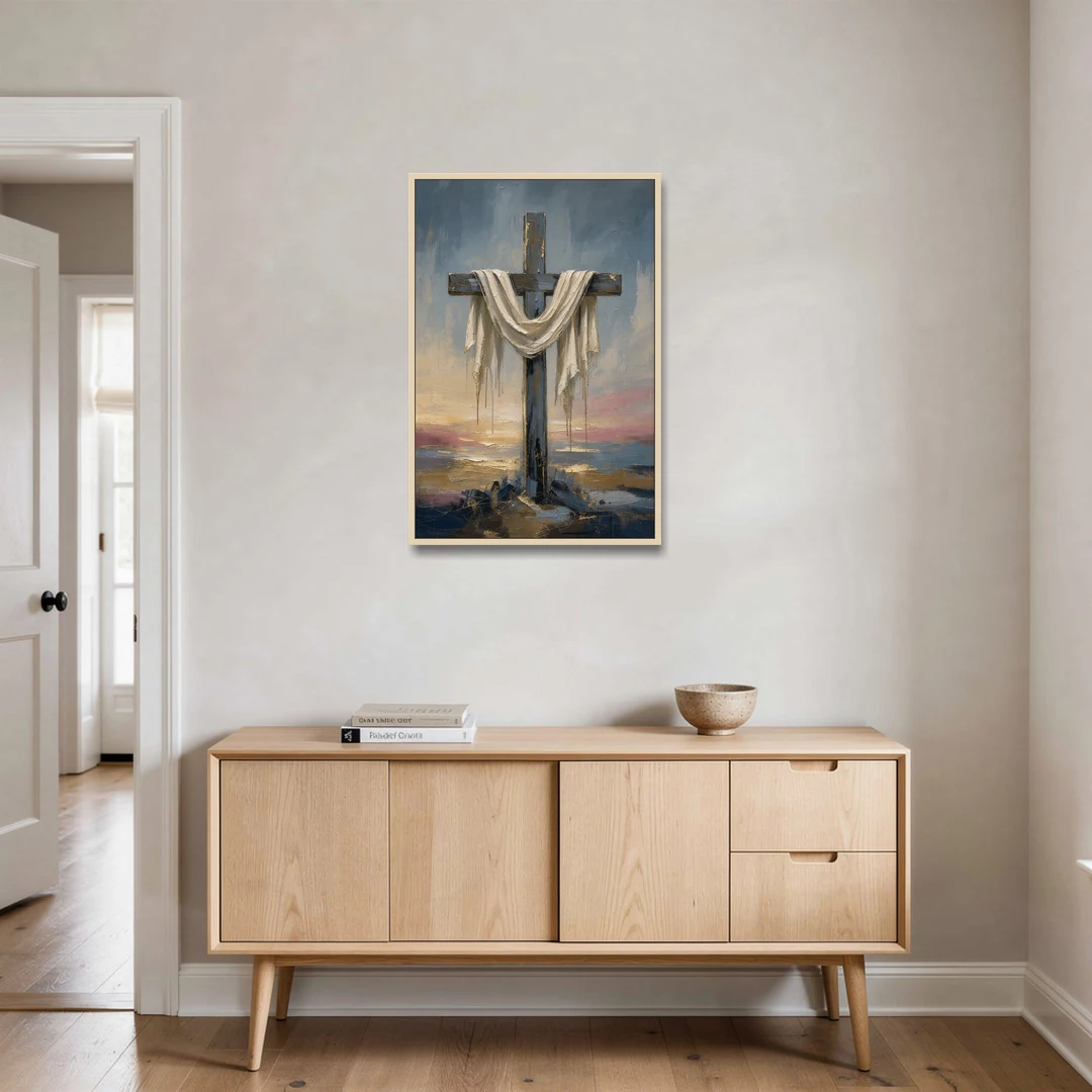 Contemporary Christian Art of the Draped Cross at Dawn - Oak Framed Canvas Wall Art - Coffee Table - 24x36