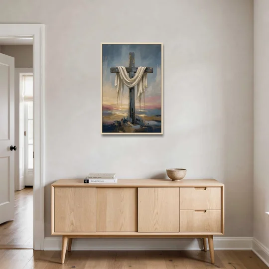 Contemporary Christian Art of the Draped Cross at Dawn - Oak Framed Canvas Wall Art - Coffee Table - 24x36