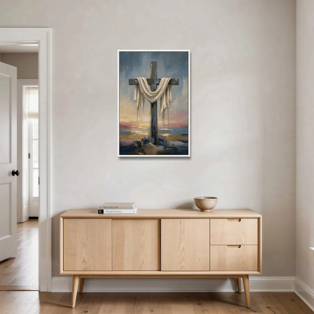 Contemporary Christian Art of the Draped Cross at Dawn - White Framed Canvas Wall Art - Coffee Table - 24x36