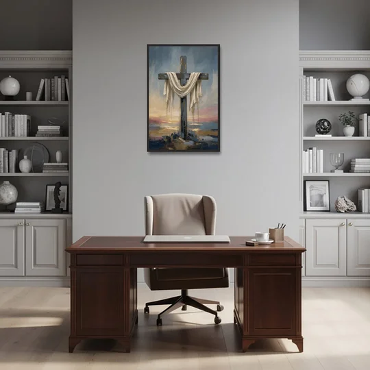 Contemporary Christian Art of the Draped Cross at Dawn - Black Framed Canvas Wall Art - Office - 24x36