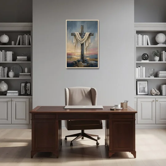 Contemporary Christian Art of the Draped Cross at Dawn - Oak Framed Canvas Wall Art - Office - 24x36