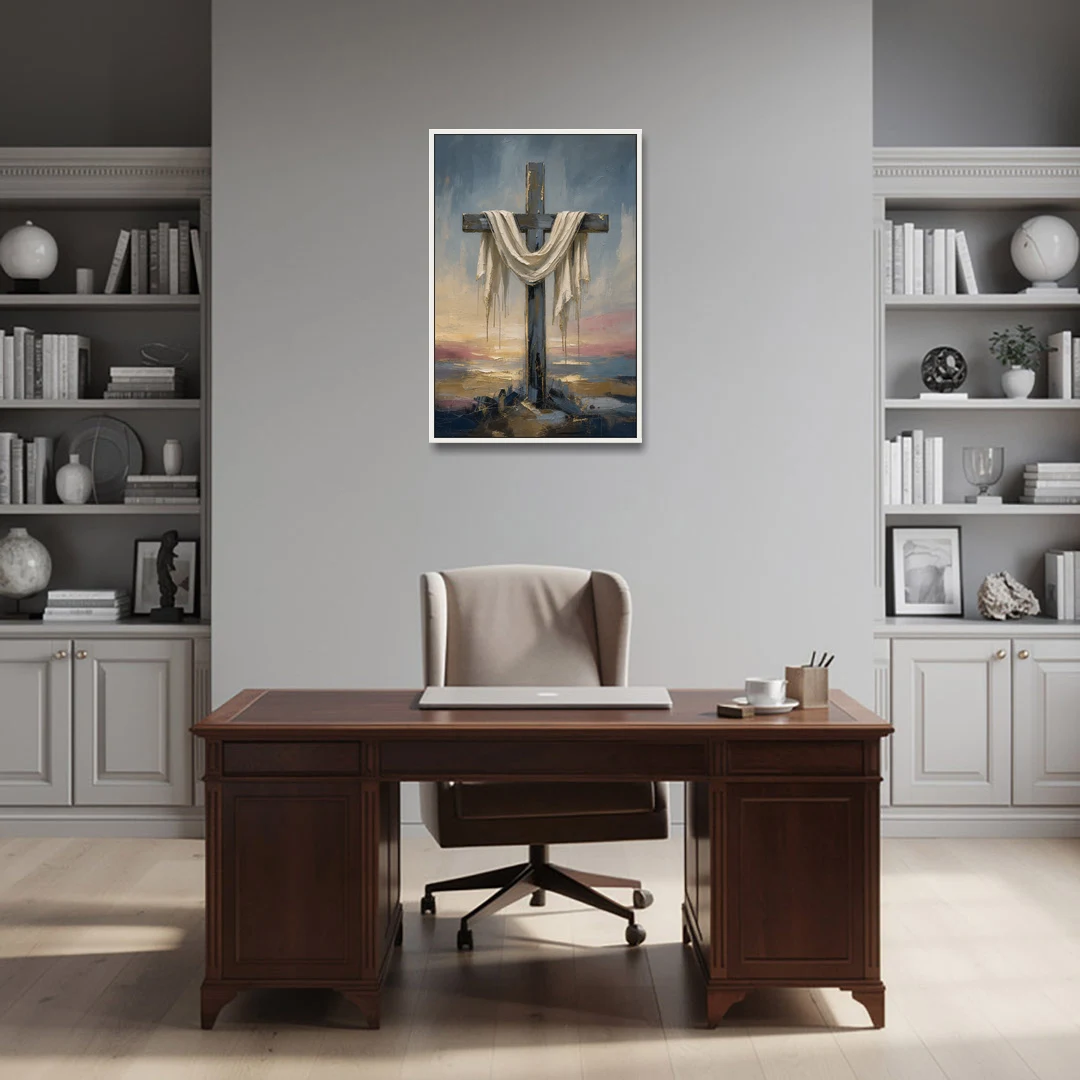 Contemporary Christian Art of the Draped Cross at Dawn - White Framed Canvas Wall Art - Office - 24x36