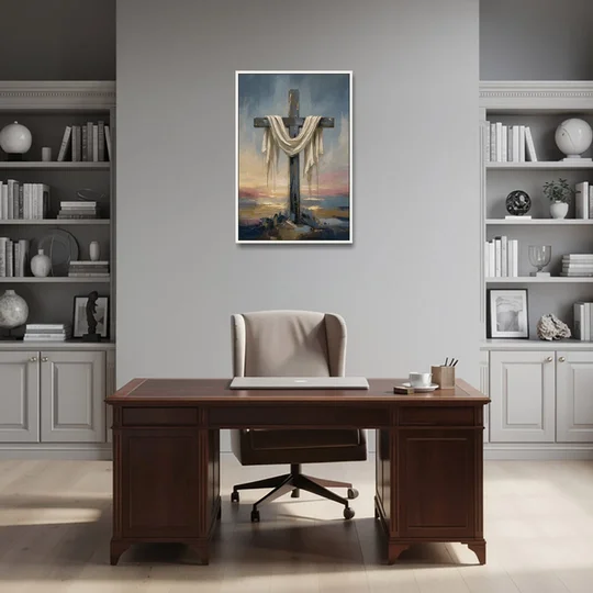 Contemporary Christian Art of the Draped Cross at Dawn - White Framed Canvas Wall Art - Office - 24x36