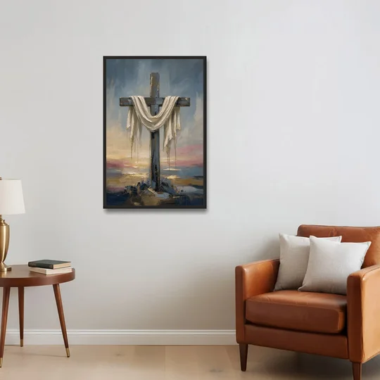 Contemporary Christian Art of the Draped Cross at Dawn - Black Framed Canvas Wall Art - Sofa - 24x36