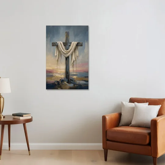 Contemporary Christian Art of the Draped Cross at Dawn - Canvas Wall Art - Sofa - 24x36