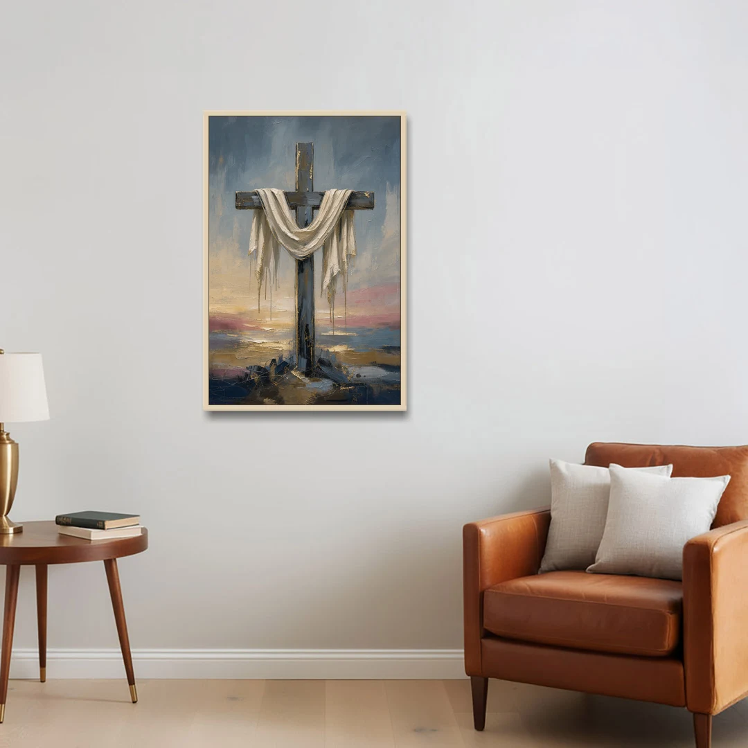 Contemporary Christian Art of the Draped Cross at Dawn - Oak Framed Canvas Wall Art - Sofa - 24x36