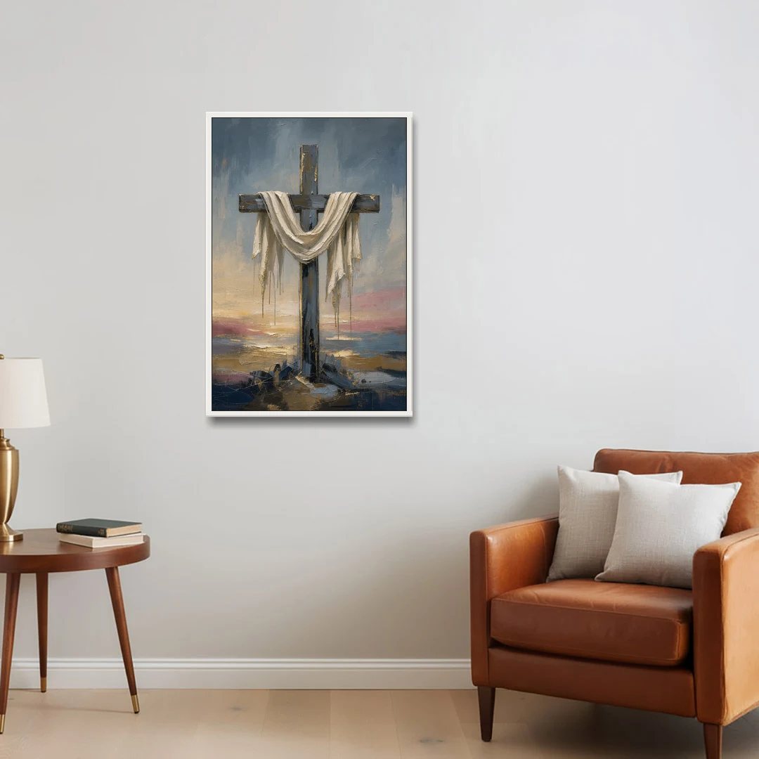 Contemporary Christian Art of the Draped Cross at Dawn - White Framed Canvas Wall Art - Sofa - 24x36