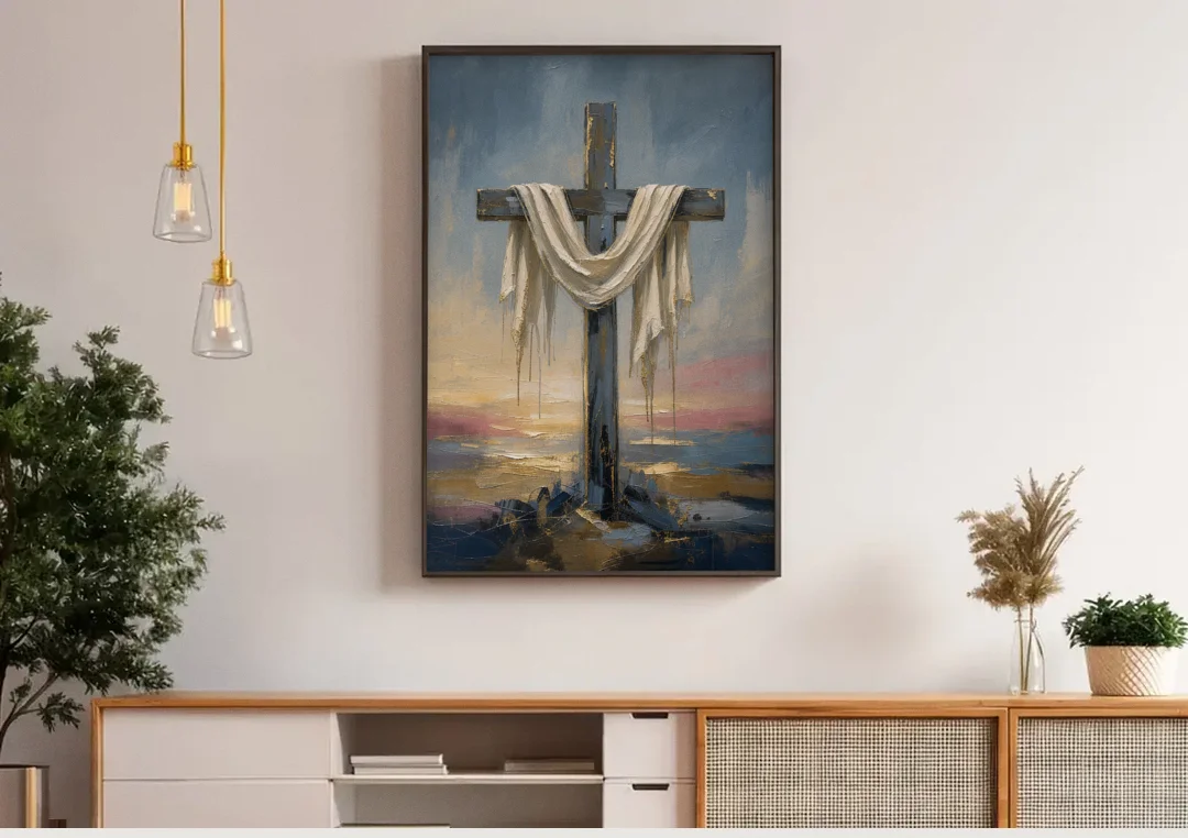 Contemporary Christian Art of the Draped Cross at Dawn canvas wall art above a wooden sideboard under pendant lights